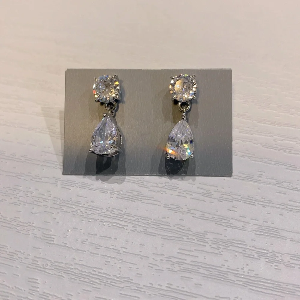 Silver Plated Pear shape and round Cubic Zirconia post dangle Earrings - Picture 3 of 4